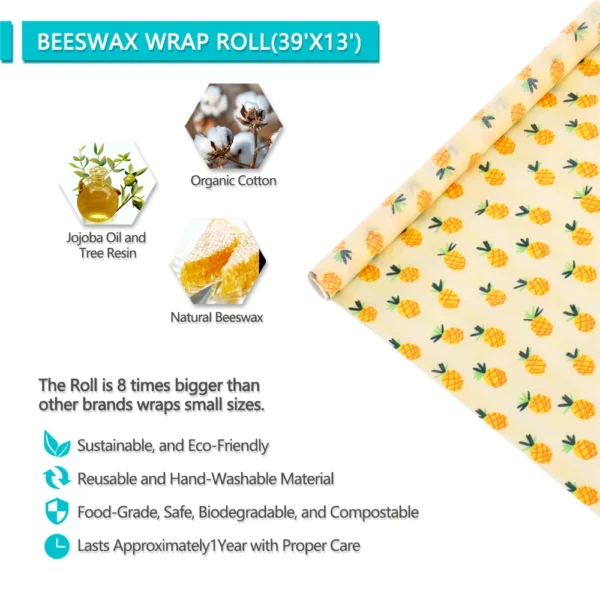 100x33cm Beeswax Food Wrap Roll – Reusable Eco-Friendly Sustainable Storage Wrap, Made with Organic Cotton, Beeswax, Jojoba Oil & Tree Resin, for Food Preservation - Image 6