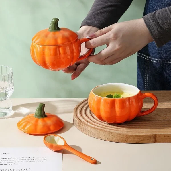 Halloween Creative Pumpkin Ceramic Mug with Spoon & Lid – Cute Soup, Tea, Coffee, Milk, Oatmeal Breakfast Cup for Kids & Adults - Image 2