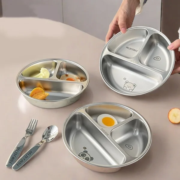 WORTHBUY Cute 304 Stainless Steel Divided Dinner Plate | 3-Compartment Portion Control Lunch Box | Eco-Friendly Round Food Container with Spoons or Chopsticks