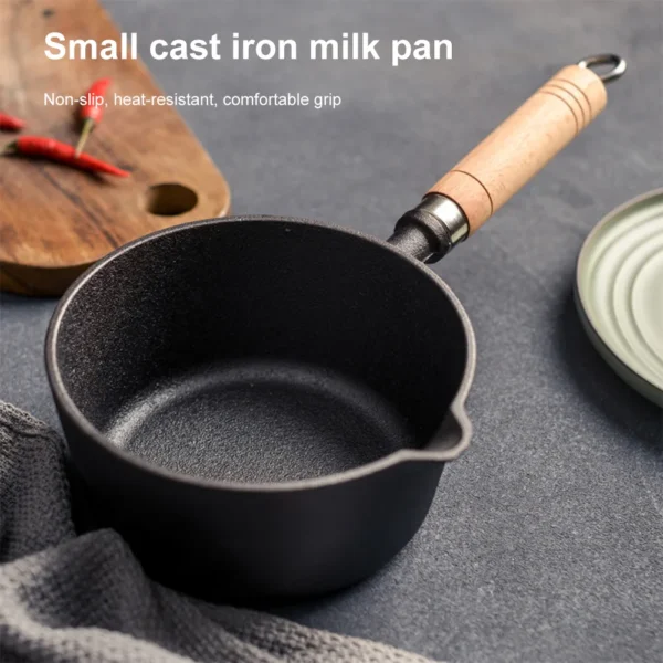 Cast Iron Milk Pan Wooden Handle Non-Stick Butter Melting Pot with Pour Spout Small Saucepan for Pouring Oil Milk Heating Frying - Image 3