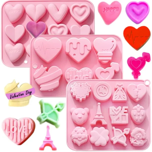 3-Piece Valentine's Day Silicone Chocolate Molds – Heart-Shaped Pudding, Candy, and DIY Molds for Wedding & Gifts