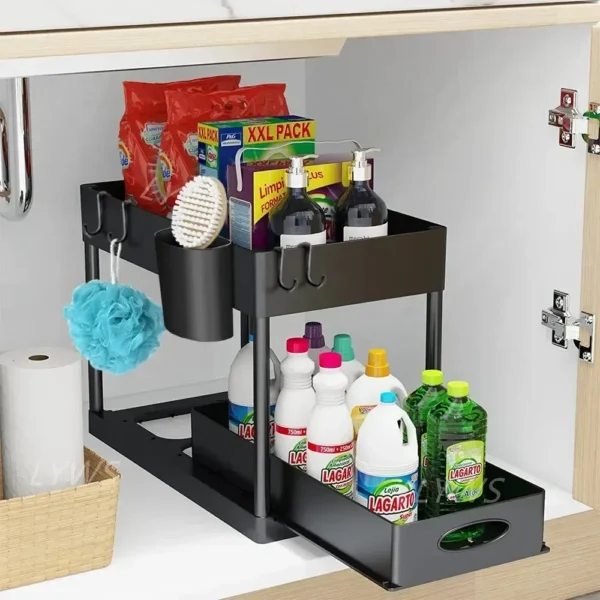 2-Tier Sliding Cabinet Organizer – Under Sink Storage Rack with Hooks for Kitchen & Bathroom – Adjustable Basket Shelf
