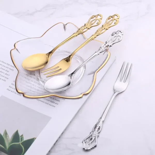 2Pcs Retro Gold Spoon Fork Cutlery Set Stainless Steel Luxury Dessert Coffee Spoon Creative Tea-spoon Tableware Kitchen Utensils - Image 6