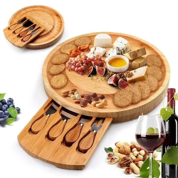 Portable Bamboo Cheese Board Set | Rectangular Deli Tray with Knife & Fork for Charcuterie, Steak, Pizza, and Cake Serving