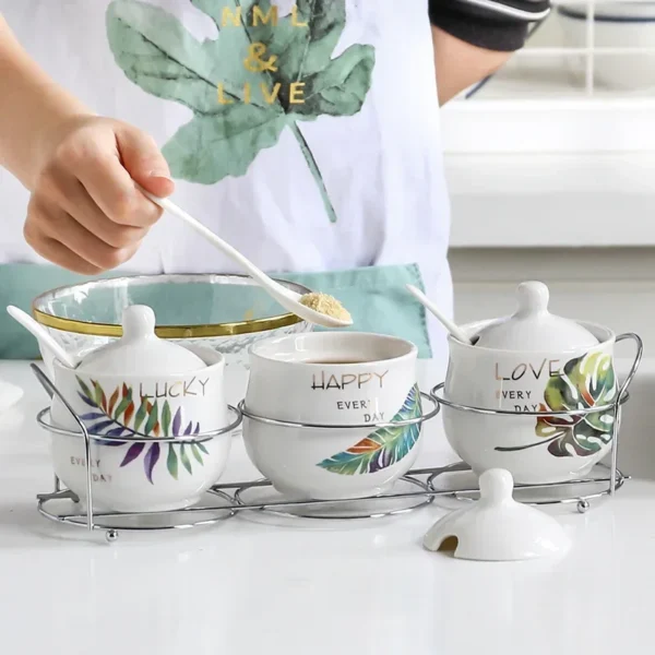 3-in-1 Ceramic Seasoning Jar Set Seasoning Tank Salt Shaker Three-piece Kitchen Utensils Korean Cruet Seasoning Bottle Pepper - Image 2
