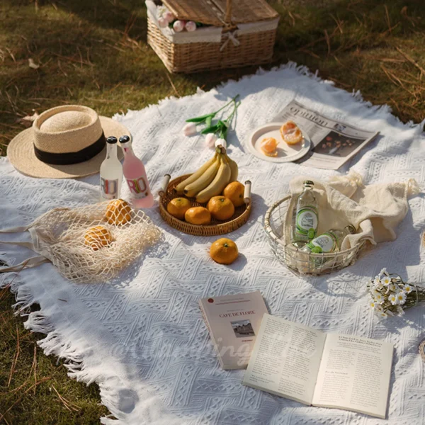 1PC French White Picnic Mat – Moisture-Proof Outdoor Camping Blanket, Beach Mat, Tent Floor Mat