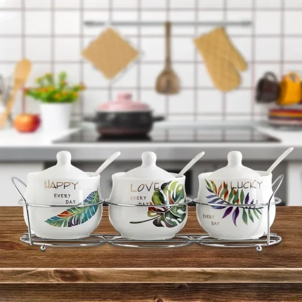 3-in-1 Ceramic Seasoning Jar Set Seasoning Tank Salt Shaker Three-piece Kitchen Utensils Korean Cruet Seasoning Bottle Pepper - Image 3
