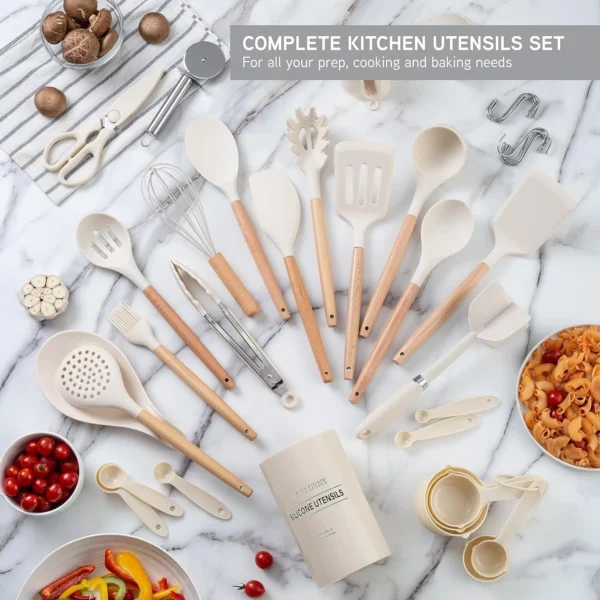 38-Piece Non-Stick Silicone Cooking Utensils Set with Wooden Handles – Heat-Resistant, Dishwasher-Safe & Durable Kitchen Tools - Image 3