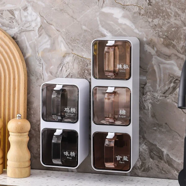 Wall Mount Seasoning Organizer Box Set Salt Shaker Spice Rack Compartment Storage Box Sugar Container Jar With Spoon for Kitchen - Image 4