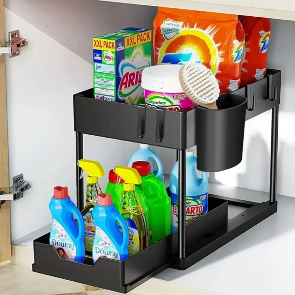 2-Tier Sliding Cabinet Organizer – Under Sink Storage Rack with Hooks for Kitchen & Bathroom – Adjustable Basket Shelf - Image 2