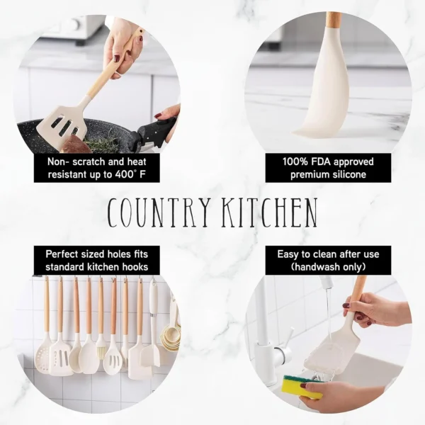 38-Piece Non-Stick Silicone Cooking Utensils Set with Wooden Handles – Heat-Resistant, Dishwasher-Safe & Durable Kitchen Tools - Image 2