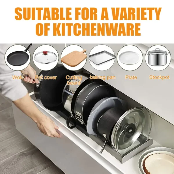 Expandable Pot and Pan Organizer Rack – Adjustable Kitchen Cabinet Storage with 6 Dividers for Lids, Pans, Bakeware & Kitchen Utensils - Image 4
