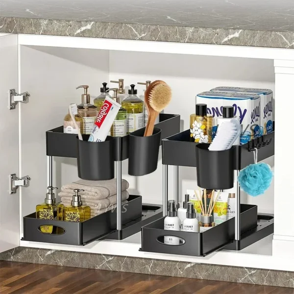 2-Tier Sliding Cabinet Organizer – Under Sink Storage Rack with Hooks for Kitchen & Bathroom – Adjustable Basket Shelf - Image 3
