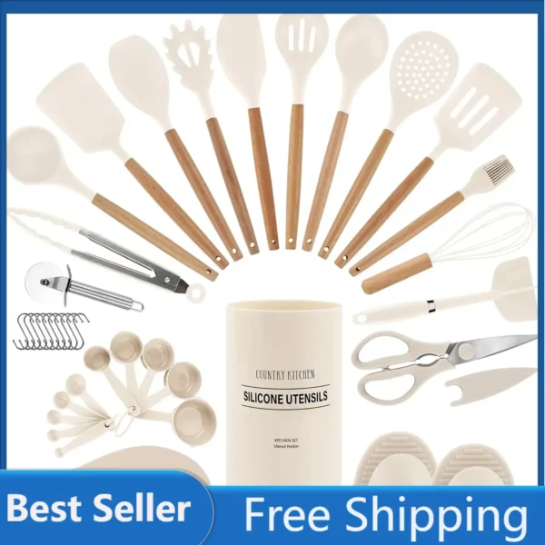 38-Piece Non-Stick Silicone Cooking Utensils Set with Wooden Handles – Heat-Resistant, Dishwasher-Safe & Durable Kitchen Tools