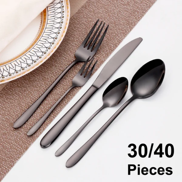 30/35/40-Piece Black Stainless Steel Western Cutlery Set | Mirror Polished Knife, Fork & Spoon Set for Dinner, Weddings, & Parties | Elegant Tableware for Home & Restaurant Use