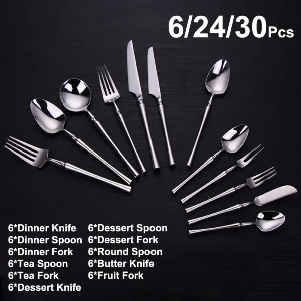 6/24/30-Piece Stainless Steel 304 Western Cutlery Set | Mirror Polished Silver Flatware Set for Dinner, Wedding, and Home Use | Knife, Fork, Spoon Tableware