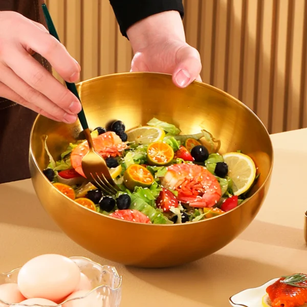 Large Capacity Stainless Steel Salad Bowl | Korean Soup, Rice, Noodle, Ramen Bowl | Gold, 20x9cm Kitchen Food Container