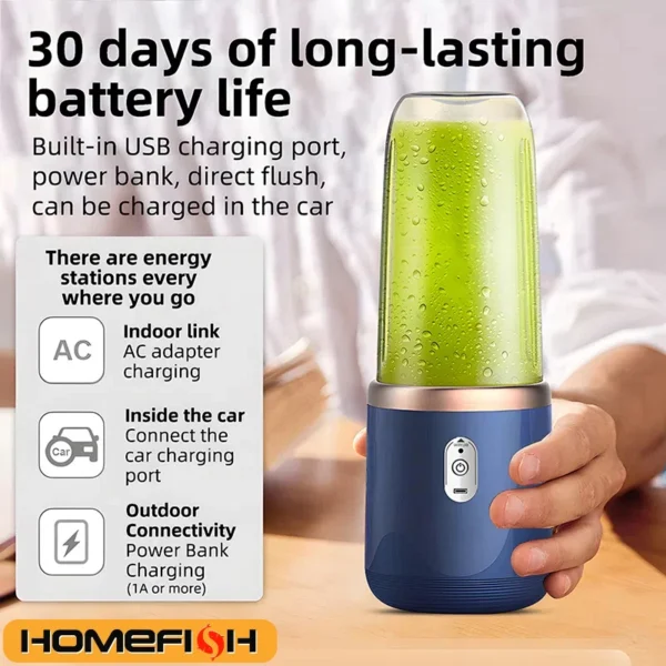 Portable Electric Blender Bottle – 6 Blades, Multifunctional, Juice & Smoothie Maker, Ice Crushing, Food Processor, USB Rechargeable, 500ml Capacity - Image 3